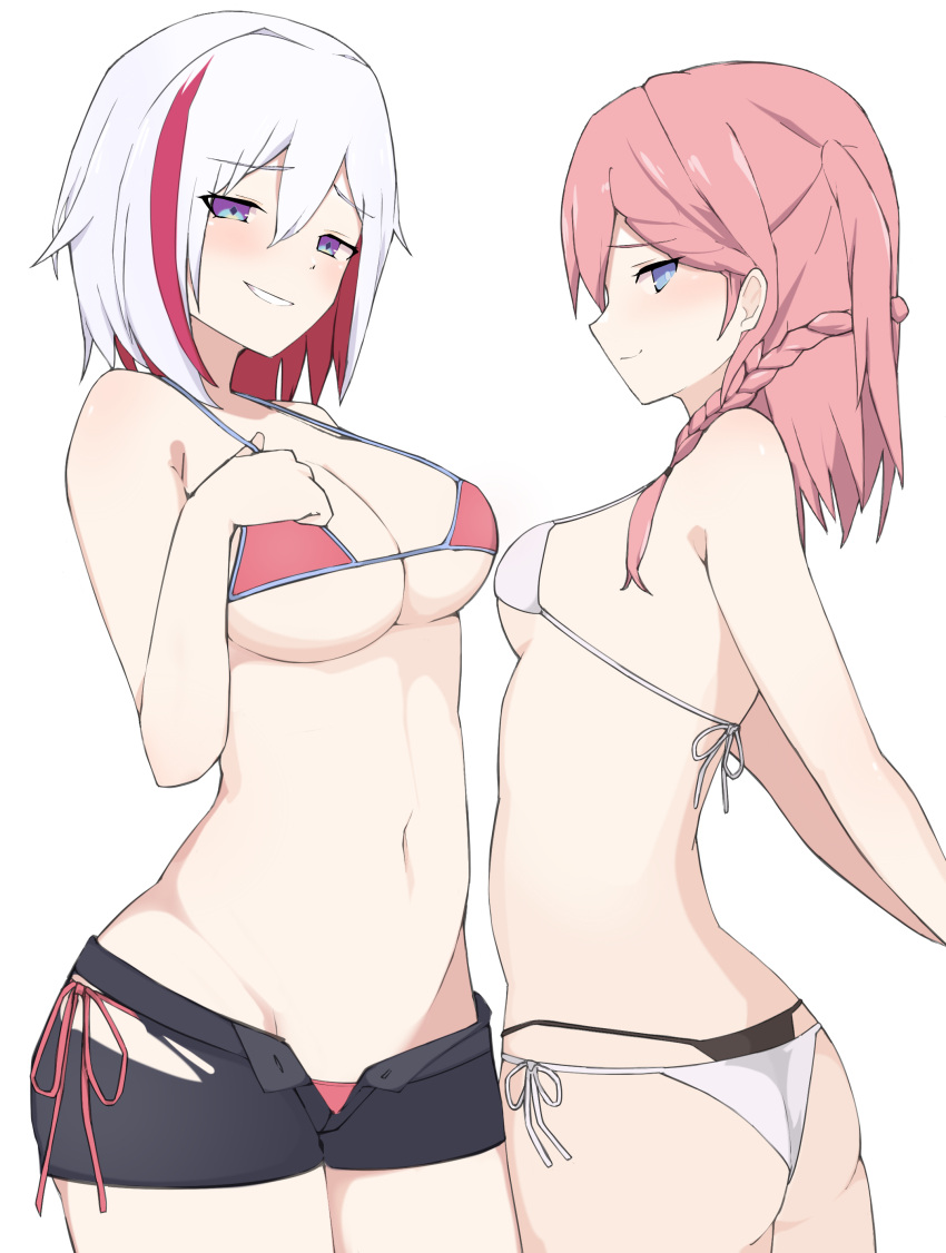 2girls absurdres arms_behind_back ass asta_(honkai:_star_rail) bikini bikini_over_clothes bikini_under_clothes black_panties blue_eyes blush braid breast_envy breasts closed_mouth hand_on_own_chest highres honkai:_star_rail honkai_(series) ikatanuki large_breasts linea_alba looking_at_viewer medium_breasts medium_hair multiple_girls navel open_clothes open_shorts panties pink_bikini pink_hair see-through short_shorts shorts side-tie_bikini_bottom simple_background smile smirk smug swimsuit thong topaz_(honkai:_star_rail) torn_clothes underwear white_background white_bikini white_hair