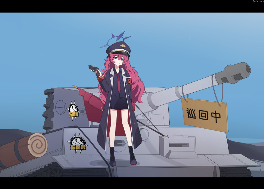 1girl absurdres black_coat black_footwear black_shirt black_skirt black_socks blue_archive blue_sky bow coat collared_shirt commentary_request flag full_body grey_eyes gun hair_between_eyes hair_bow hair_ribbon halo hat highres holding holding_gun holding_weapon iroha_(blue_archive) kneehighs long_hair long_sleeves looking_at_viewer military military_vehicle motor_vehicle necktie p38 paralier peaked_cap pencil_skirt red_hair red_necktie ribbon school_uniform shirt skirt sky smile socks solo standing_on_object tank tiger_i turret wavy_hair weapon