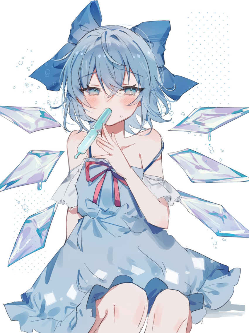 1girl bare_shoulders blue_bow blue_dress blue_eyes blue_hair blush bow cirno detached_wings dress fairy fairy_wings food food_in_mouth hair_between_eyes hair_bow highres ice ice_wings knees looking_at_viewer popsicle popsicle_in_mouth red_ribbon ribbon short_hair simple_background sitting solo sorani_(kaeru0768) touhou white_background wings