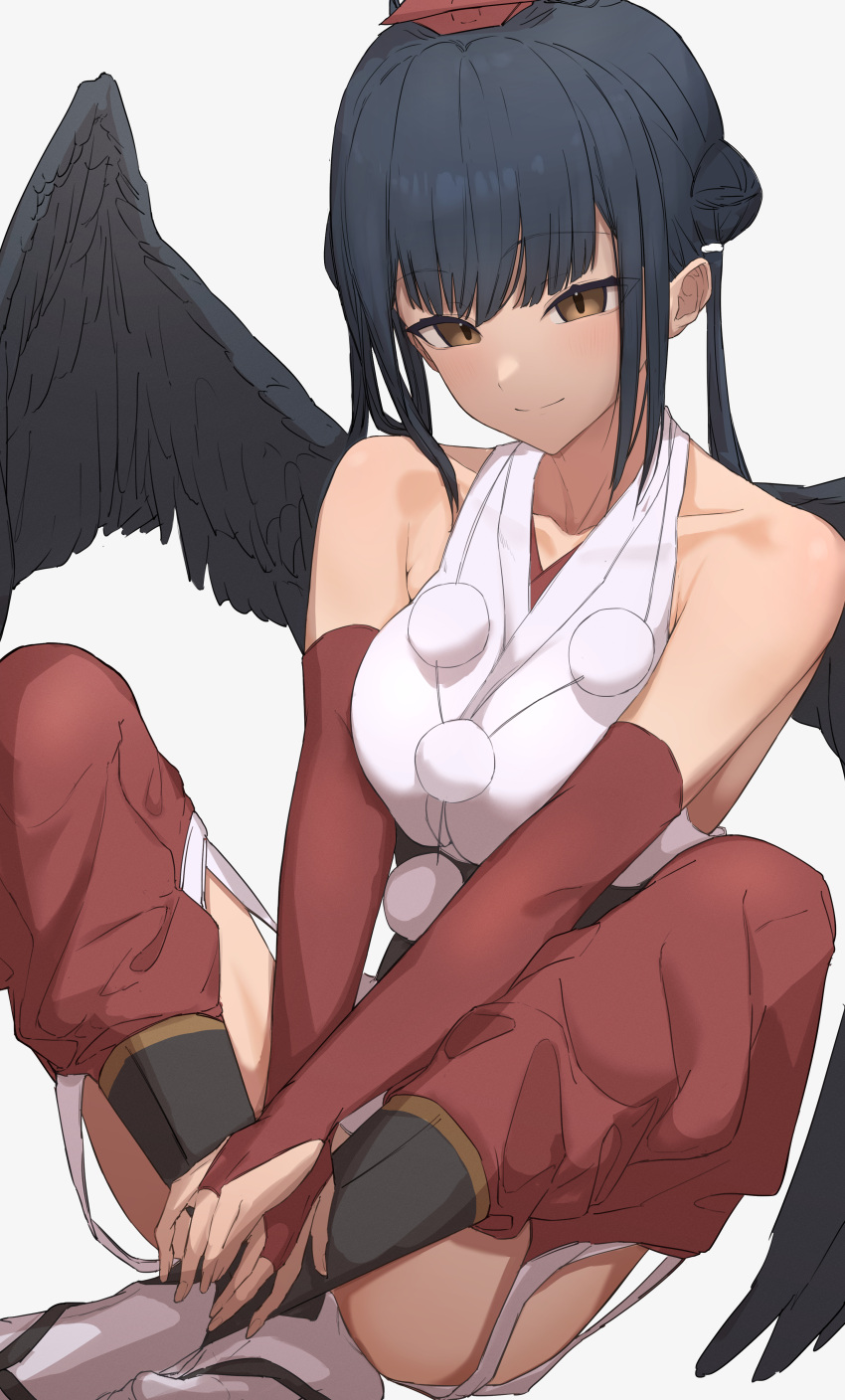 1girl absurdres ass bare_shoulders black_hair black_wings breasts bridal_gauntlets brown_eyes detached_pants double_bun elbow_gloves feathered_wings gloves hair_bun hat highres indian_style japanese_clothes kaekae_kaeru kimono long_hair looking_at_viewer medium_breasts nijisanji obi pants pom_pom_(clothes) red_gloves red_headwear red_pants sash simple_background sitting sleeveless sleeveless_kimono smile solo tengu tokin_hat twintails v_arms virtual_youtuber white_background white_kimono wings yamagami_karuta yamagami_karuta_(1st_costume)