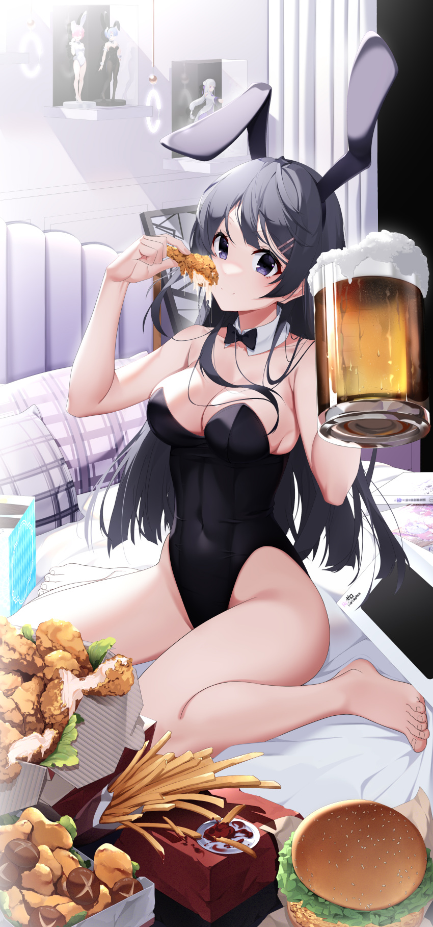 1girl absurdres alcohol animal_ears bare_legs barefoot bed beer beer_mug black_bow black_bowtie black_eyes black_hair black_leotard bow bowtie breasts burger cqingwei cup detached_collar eating emilia_(re:zero) figure food fried_chicken hair_ornament hairclip highres leotard medium_breasts mug mushroom pillow playboy_bunny rabbit_ears ram_(re:zero) re:zero_kara_hajimeru_isekai_seikatsu rem_(re:zero) sakurajima_mai seishun_buta_yarou sitting solo strapless strapless_leotard wariza