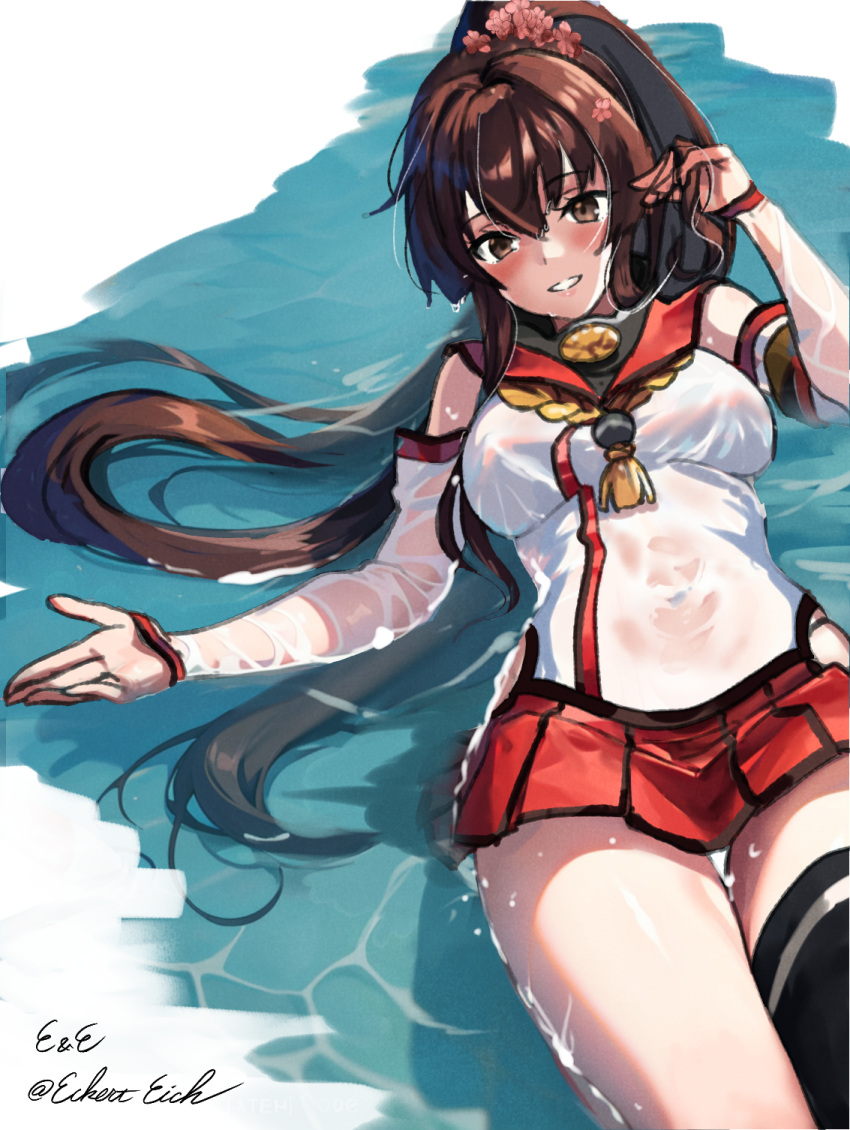 1girl black_thighhighs breasts brown_eyes brown_hair cherry_blossoms commentary_request detached_sleeves eckert&amp;eich feet_out_of_frame flower hair_flower hair_ornament highres kantai_collection large_breasts long_hair lying one-hour_drawing_challenge partially_submerged pleated_skirt red_sailor_collar red_skirt sailor_collar single_thighhigh skirt solo thighhighs water wet wet_clothes yamato_(kancolle)