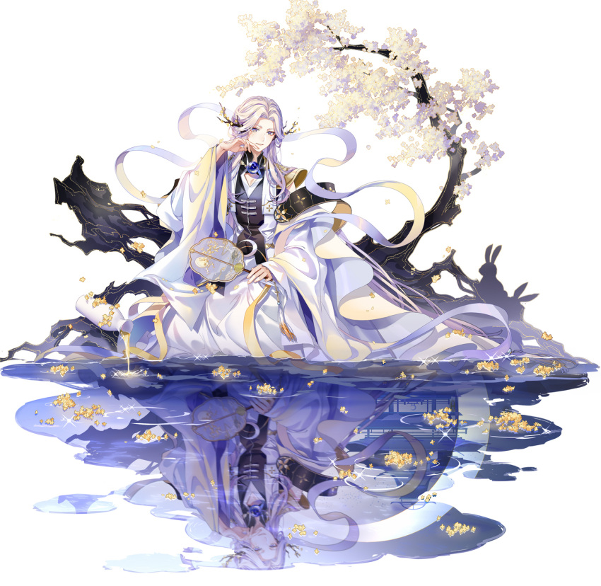 1boy alcohol arm_cutout black_vest blonde_hair blue_gemstone bottle branch chinese_clothes crescent_moon facial_mark flower flower_on_liquid full_body gem hagoromo hair_flower hair_ornament hand_fan hand_to_own_mouth hanfu highres holding holding_fan lingcat long_hair long_sleeves moon multicolored_hair official_art osmanthus osmanthus_wine_(the_tale_of_food) parted_bangs parted_lips purple_eyes purple_hair rabbit reflection reflective_water robe shawl simple_background sitting smile sparkle spilling tassel the_tale_of_food tree tuanshan vest water white_background white_robe wide_sleeves yellow_flower