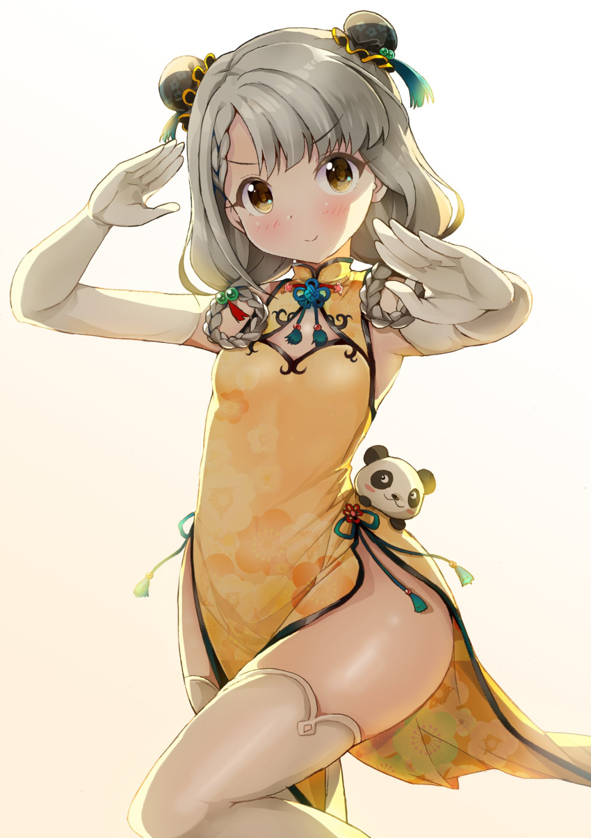 1girl bare_shoulders blue_eyes blush braid braided_bangs breasts bun_cover china_dress chinese_clothes cleavage_cutout closed_mouth clothing_cutout dot_nose double_bun dress elbow_gloves gloves grey_hair hair_bun highres hisakawa_hayate idolmaster idolmaster_cinderella_girls idolmaster_cinderella_girls_starlight_stage kung_fu long_hair looking_at_viewer low_twintails michii_yuuki side_slit simple_background smile solo standing standing_on_one_leg stuffed_animal stuffed_panda stuffed_toy thighhighs twintails white_background white_gloves white_thighhighs yellow_dress