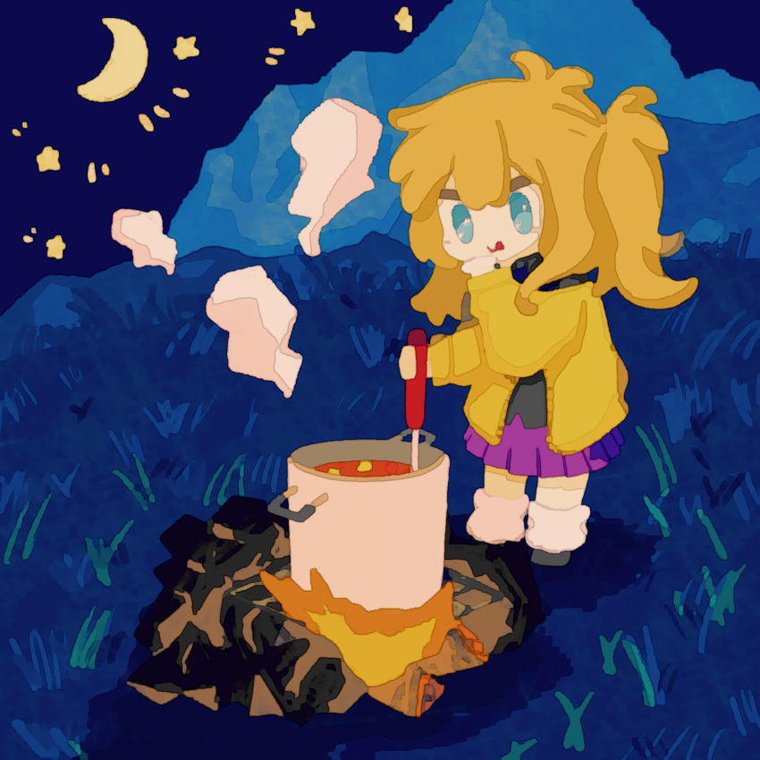1girl antenna_hair black_shirt blonde_hair blue_eyes campfire cardigan cooking crescent_moon fire full_body hand_up highres kanrei_touko kasukabe_tsumugi licking_lips long_hair long_sleeves looking_at_food moon mountain night night_sky on_grass one_side_up open_cardigan open_clothes outdoors pleated_skirt purple_skirt shirt skirt sky smile smoke solo standing star_(sky) starry_sky stew stock_pot tongue tongue_out voicevox white_leg_warmers yellow_cardigan