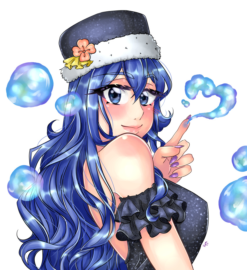 absurdres alpha_transparency black_dress blue_eyes blue_hair blush bubble dress fairy_tail hat highres juvia_lockser kyranyan nail_polish smile water