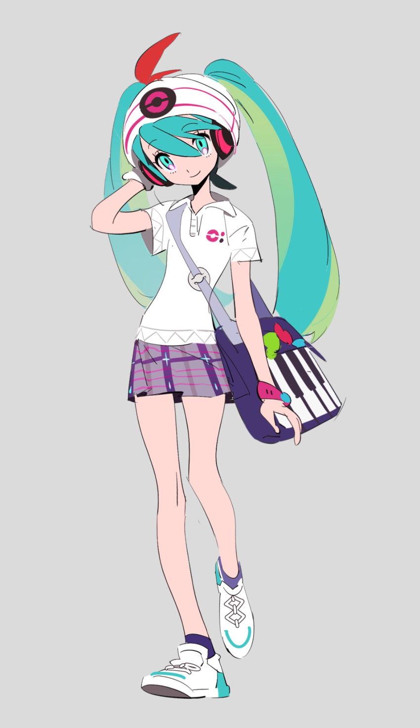 1girl aqua_hair bag beanie blue_eyes blue_socks bracelet closed_mouth collared_shirt full_body gloves green_hair grey_background grey_skirt hair_between_eyes hair_ribbon hand_on_headphones hand_up hat hatsune_miku headphones highres hiroyukiiii1 jewelry long_hair looking_at_viewer multicolored_hair piano_print plaid plaid_skirt pleated_skirt pokemon polo_shirt project_voltage psychic_miku_(project_voltage) red_ribbon ribbon shirt shoes short_sleeves shoulder_bag simple_background single_glove skirt smile sneakers socks solo twintails very_long_hair vocaloid walking white_footwear white_gloves white_headwear white_shirt