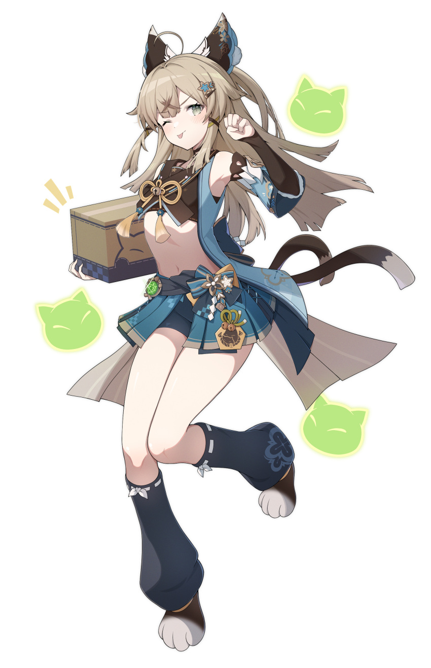 1girl ;p absurdres ahoge animal_ears black_gloves black_tank_top blue_leg_warmers blue_shorts blush box breasts cat_ears cat_feet cat_girl cat_tail collared_vest commentary_request detached_sleeves elbow_gloves food_delivery_box full_body genshin_impact gloves green_eyes hair_ornament hairclip highres holding holding_box kinokare kirara_(genshin_impact) light_brown_hair looking_at_viewer midriff multiple_tails one_eye_closed paw_pose shorts simple_background sleeveless_coat slit_pupils small_breasts solo standing standing_on_one_leg tail tank_top tongue tongue_out two_tails vest white_background
