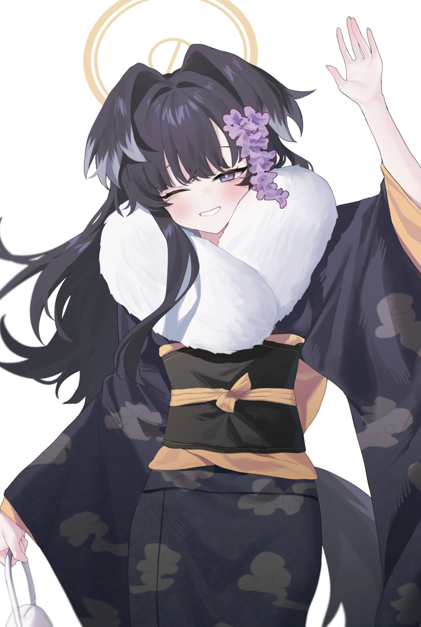 1girl absurdres alternate_costume animal_ears bag black_hair black_kimono black_sash blue_archive blush cloud_print commentary_request danbal dog_ears dog_girl dog_tail flower fur-trimmed_kimono fur_trim hair_flower hair_intakes hair_ornament halo hand_up handbag hibiki_(blue_archive) highres holding holding_bag japanese_clothes kimono long_hair looking_at_viewer obi one_eye_closed parted_bangs parted_lips purple_eyes purple_flower sash simple_background solo tail upper_body waving white_background wide_sleeves yellow_halo