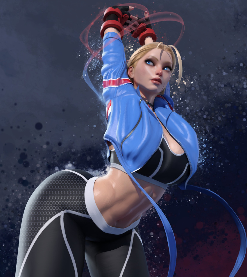 1girl 3d abs absurdres antenna_hair blonde_hair blue_eyes blue_jacket breasts cammy_stretch_(meme) cammy_white cleavage highres jacket large_breasts lips long_sleeves meme midriff navel pants popogori solo sports_bra stomach street_fighter street_fighter_6 stretching thick_thighs thighs tight tight_pants toned yoga_pants