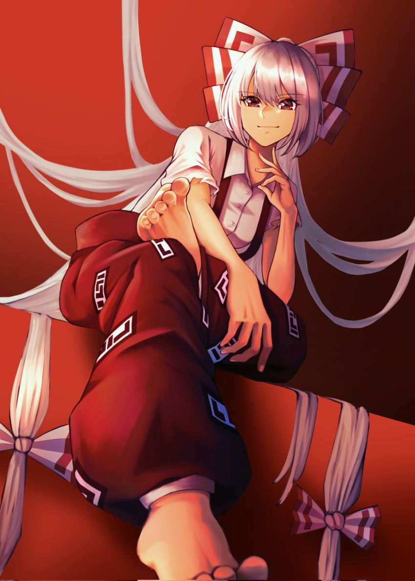 barefoot bow collared_shirt crossed_legs dutch_angle equality_taira fujiwara_no_mokou hair_bow high_ponytail highres long_hair looking_at_viewer ofuda ofuda_on_clothes puffy_pants puffy_short_sleeves puffy_sleeves red_background red_eyes red_theme shirt short_sleeves sitting sleeve_garter smile touhou two-tone_bow very_long_hair white_bow white_hair white_shirt