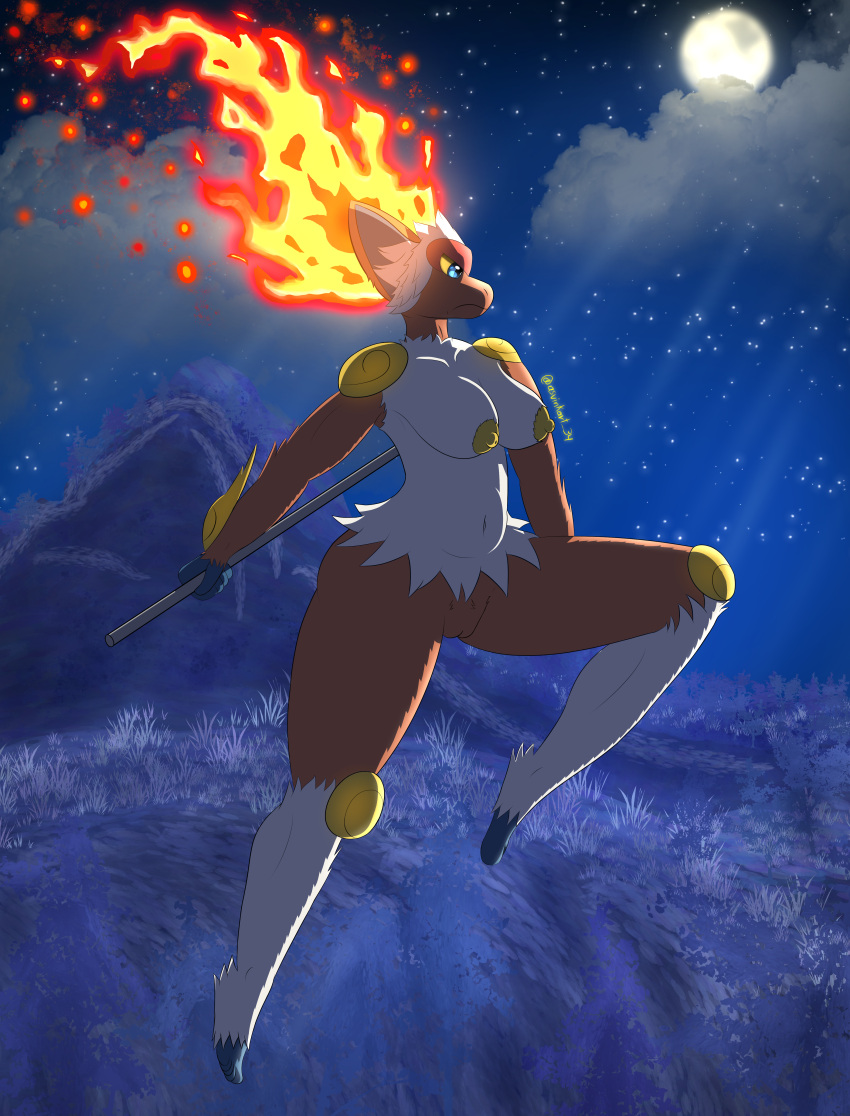 2022 absurd_res angry anthro armor asvinkart-34 belly breasts brown_body brown_fur cloud detailed_background digital_drawing_(artwork) digital_media_(artwork) feet female fire fur genitals grass hi_res jumping light moon moonlight navel nintendo nipples plant pokemon pokemon_legends_arceus pussy signature solo white_body white_fur yellow_nipples