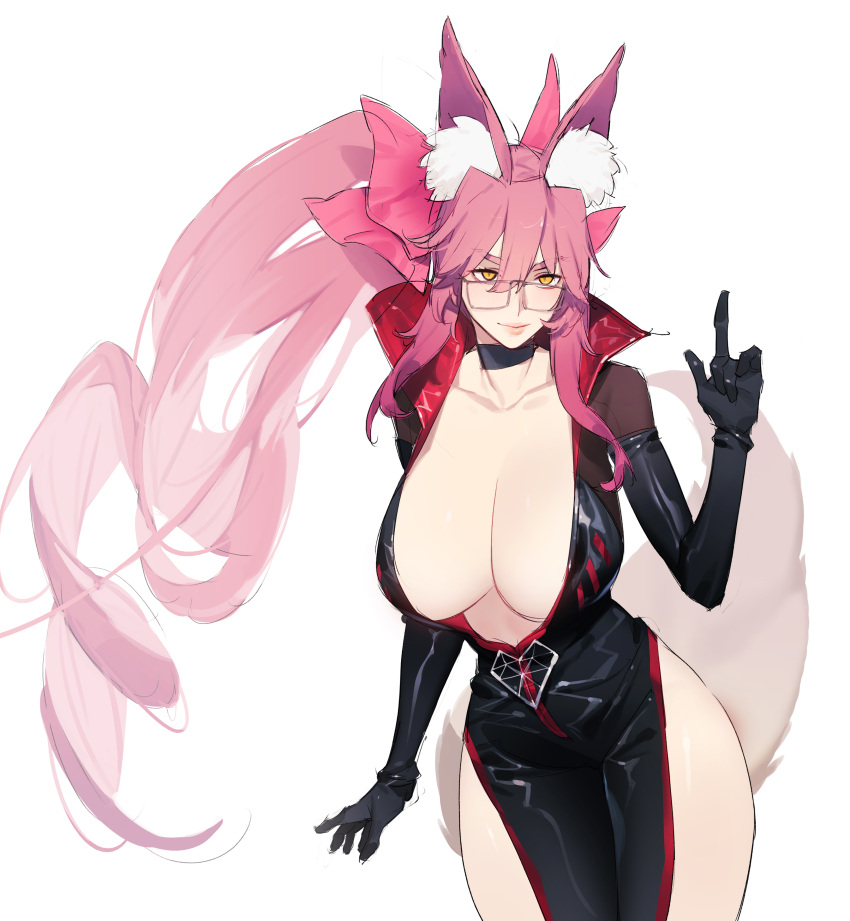 1girl absurdres animal_ear_fluff animal_ears black_bodysuit bodysuit bow breasts center_opening choker cleavage collarbone fate/grand_order fate_(series) fox_ears fox_girl fox_tail gebijiade_89 glasses hair_between_eyes hair_bow highres hip_vent index_finger_raised koyanskaya_(assassin)_(first_ascension)_(fate) koyanskaya_(fate) large_breasts long_hair looking_at_viewer pink_bow pink_hair ponytail sidelocks smile solo tail tamamo_(fate) thighs yellow_eyes