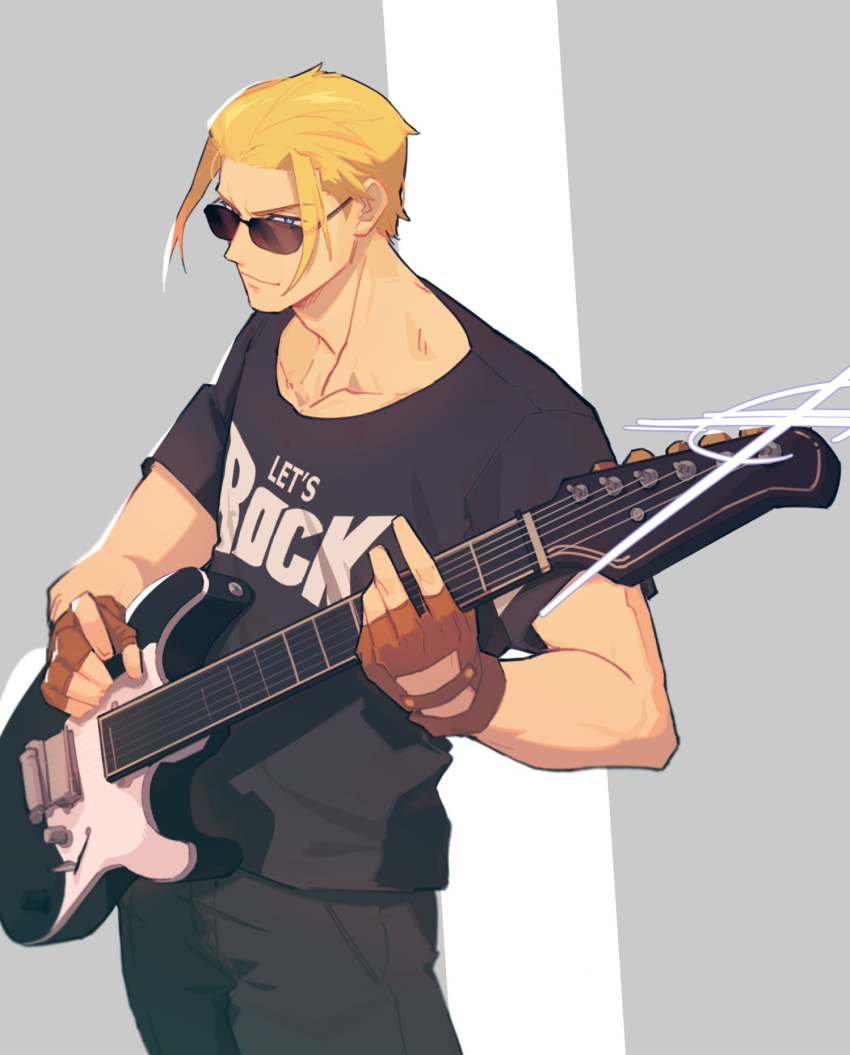 1boy alternate_costume black_shirt blonde_hair blue_eyes brown_gloves clothes_writing commentary_request cowboy_shot electric_guitar fingerless_gloves gloves grey_background guilty_gear guilty_gear_xrd guitar hair_between_eyes hannim_7h highres holding_guitar instrument johnny_(guilty_gear) looking_at_viewer looking_outside looking_over_eyewear male_focus playing_guitar print_shirt shirt short_hair short_sleeves smile sunglasses t-shirt two-tone_background white_background