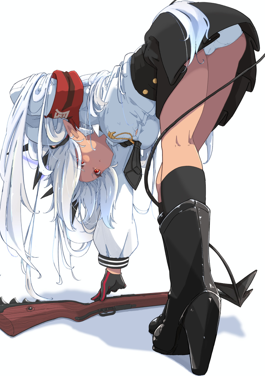 1girl armband bent_over black_bow black_footwear black_gloves black_necktie black_skirt black_socks blue_archive boots bow breasts collared_shirt commentary dark-skinned_female dark_skin demon_tail gloves gun hair_bow halo high_heel_boots high_heels highres iori_(blue_archive) long_hair long_sleeves looking_at_viewer medium_breasts necktie owerk panties pantyshot pink_halo pointy_ears puffy_long_sleeves puffy_sleeves red_armband red_eyes shirt shotgun simple_background skirt socks solo tail tie_clip twintails underwear very_long_hair weapon white_background white_hair white_panties white_shirt