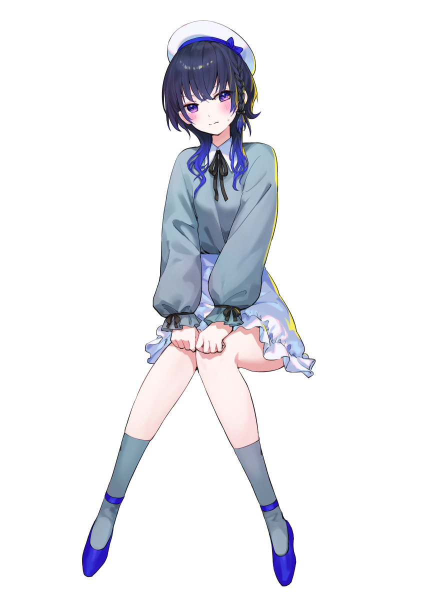 1girl absurdres alternate_costume beret black_hair blue_bow blue_hair blue_socks blush bow braid french_braid frilled_skirt frills gradient_hair grey_socks grey_sweater hair_between_eyes hands_on_own_knees hat hat_bow highres ichinose_uruha invisible_chair knees_together_feet_apart long_hair long_sleeves looking_at_viewer miniskirt multicolored_hair nemoto_yuuma purple_eyes shirt simple_background sitting skirt socks solo sweatdrop sweater virtual_youtuber vspo! wavy_mouth white_background white_headwear white_shirt white_skirt wing_collar