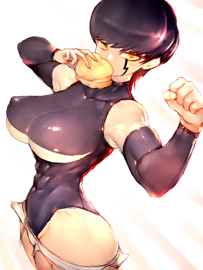 1girl arm_up belt black_hair black_sleeves bowl_cut clenched_hand covered_nipples cream_puff detached_sleeves eating flexing food from_side fumio_(rsqkr) genderswap genderswap_(mtf) highres legs_together leotard mash_burnedead mashle muscular muscular_female solo standing white_background yellow_eyes