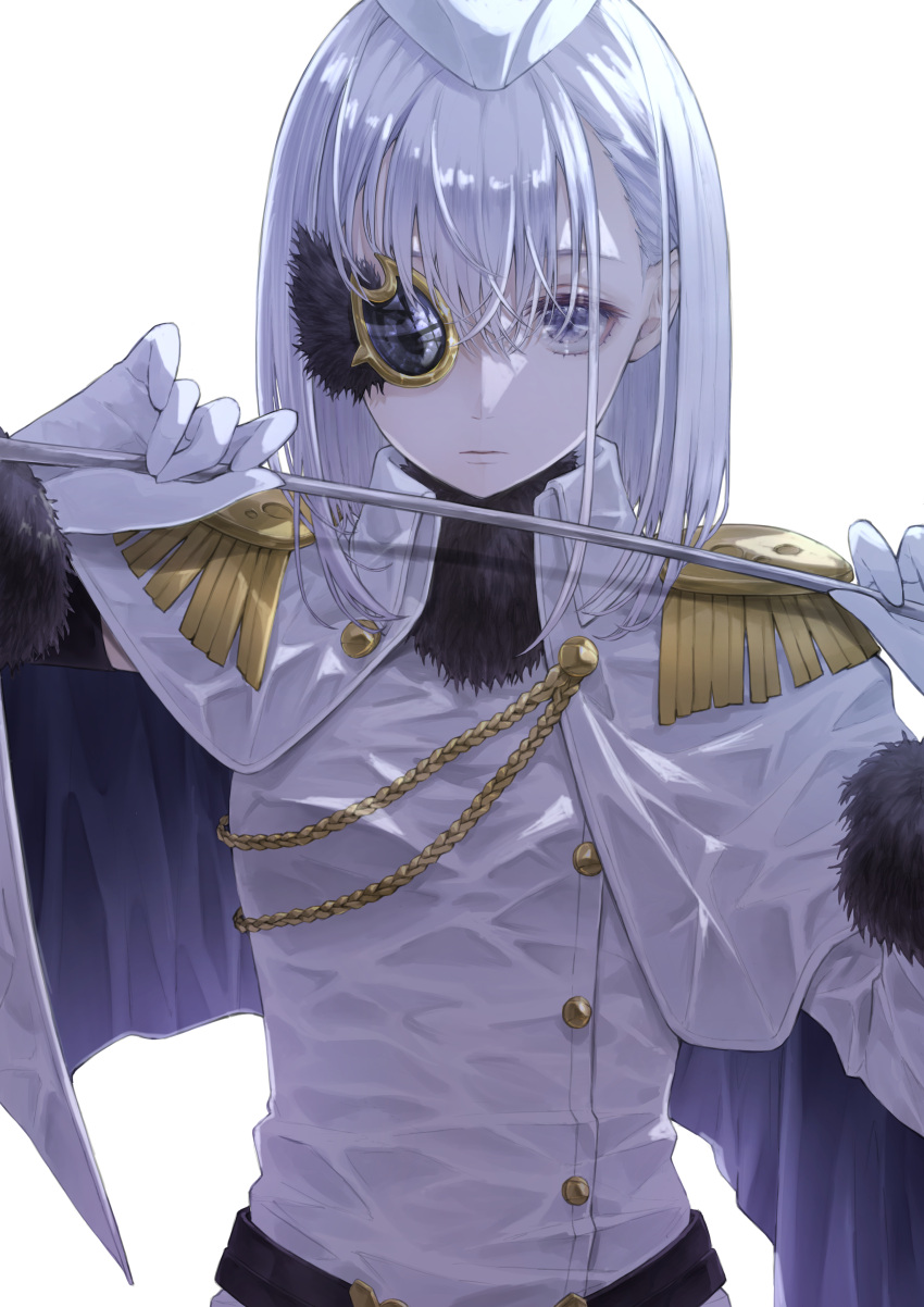 1girl absurdres belt black_belt black_scarf blunt_ends buttons cape chain closed_mouth collared_cape detached_sleeves epaulettes fur-trimmed_sleeves fur_scarf fur_trim garrison_cap gloves grey_eyes hat high_collar highres holding_riding_crop izumi_kanagi long_hair long_sleeves magia_record:_mahou_shoujo_madoka_magica_gaiden magical_girl mahou_shoujo_madoka_magica medium_hair monocle one_eye_covered opaque_monocle riri_(ririwaldorf) scarf shirt simple_background solo two-sided_cape two-sided_fabric upper_body white_background white_cape white_gloves white_hair white_headwear white_shirt wrinkled_fabric