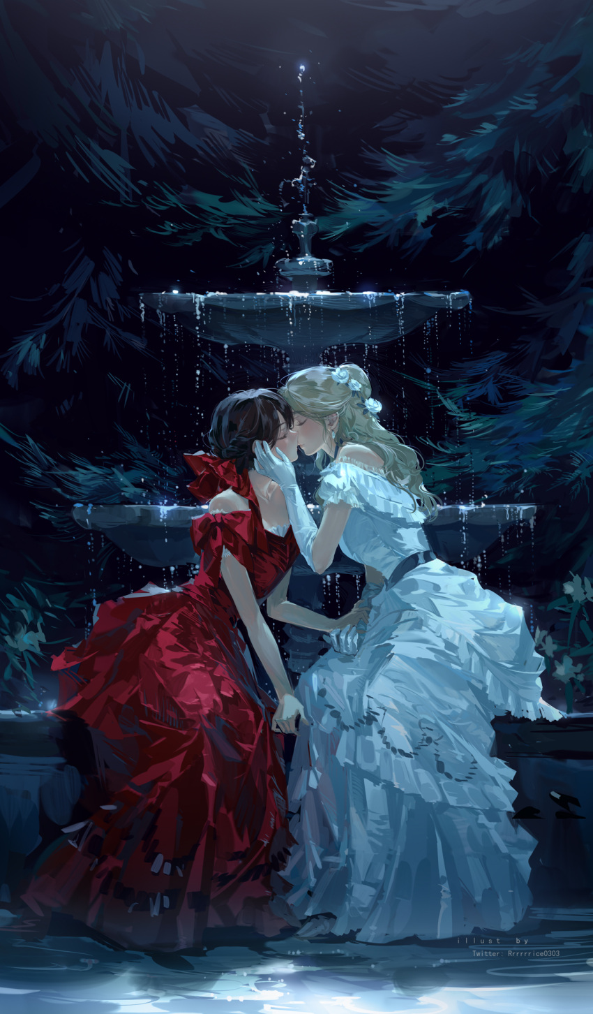 2girls black_hair blonde_hair closed_eyes dress elbow_gloves face-to-face facing_another fountain from_side gloves hand_on_another's_face highres imminent_kiss long_dress long_hair multiple_girls original red_dress rrr_(reason) short_hair short_sleeves sitting twitter_username white_dress white_gloves yuri