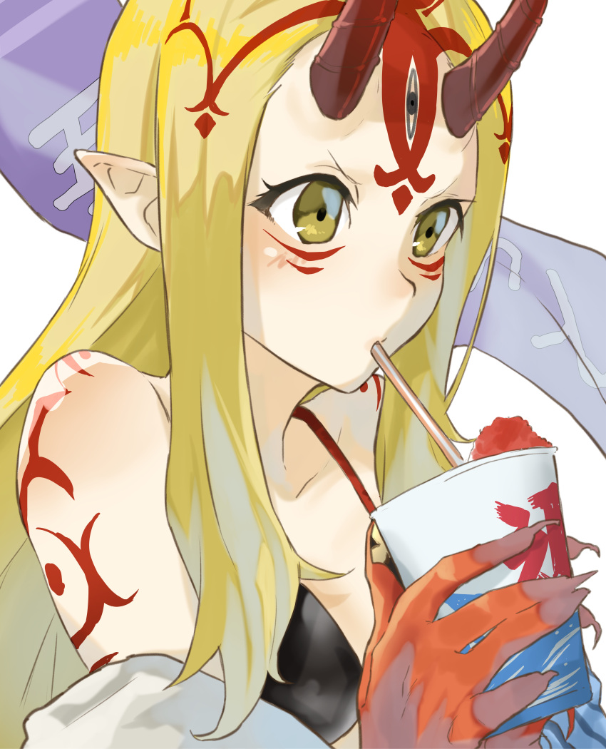 1girl absurdres bare_shoulders bikini black_bikini blonde_hair blue_kimono breasts collarbone colored_skin cup drinking drinking_straw facial_mark fate/grand_order fate_(series) food forehead forehead_mark gradient_skin hair_pulled_back highres horns ibaraki_douji_(fate) ibaraki_douji_(swimsuit_lancer)_(fate) ibaraki_douji_(swimsuit_lancer)_(first_ascension)_(fate) japanese_clothes kimono long_hair long_sleeves mitsurugi_sugar off_shoulder oni oni_horns red_skin shaved_ice small_breasts solo swimsuit tattoo yellow_eyes