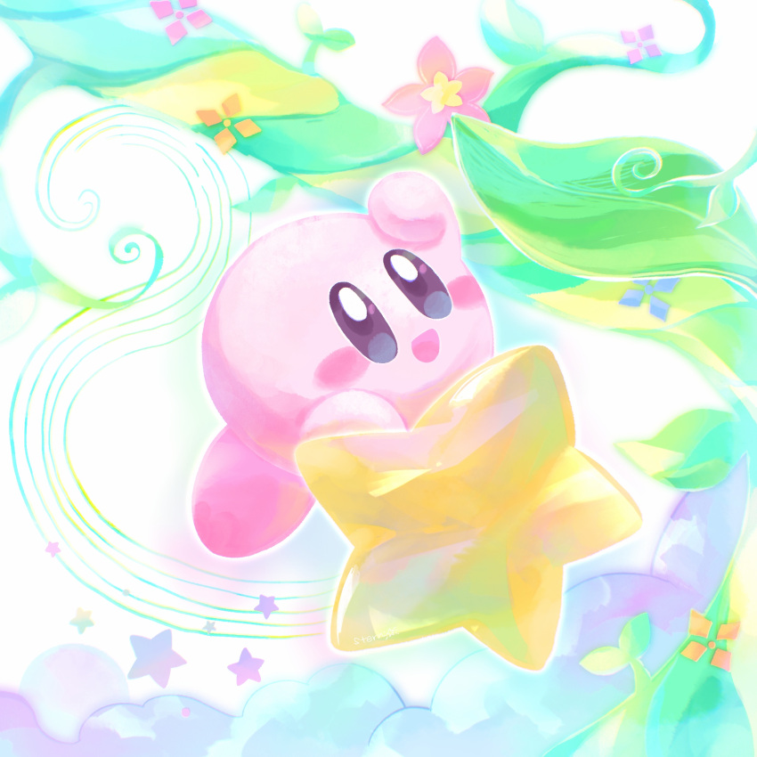 :d above_clouds arm_up bean_stalk blue_eyes blush blush_stickers cloud commentary_request dreamstalk flower highres kirby kirby_(series) leaf no_humans open_mouth pink_flower riding smile solo star_(symbol) stern_(stern_dream) warp_star