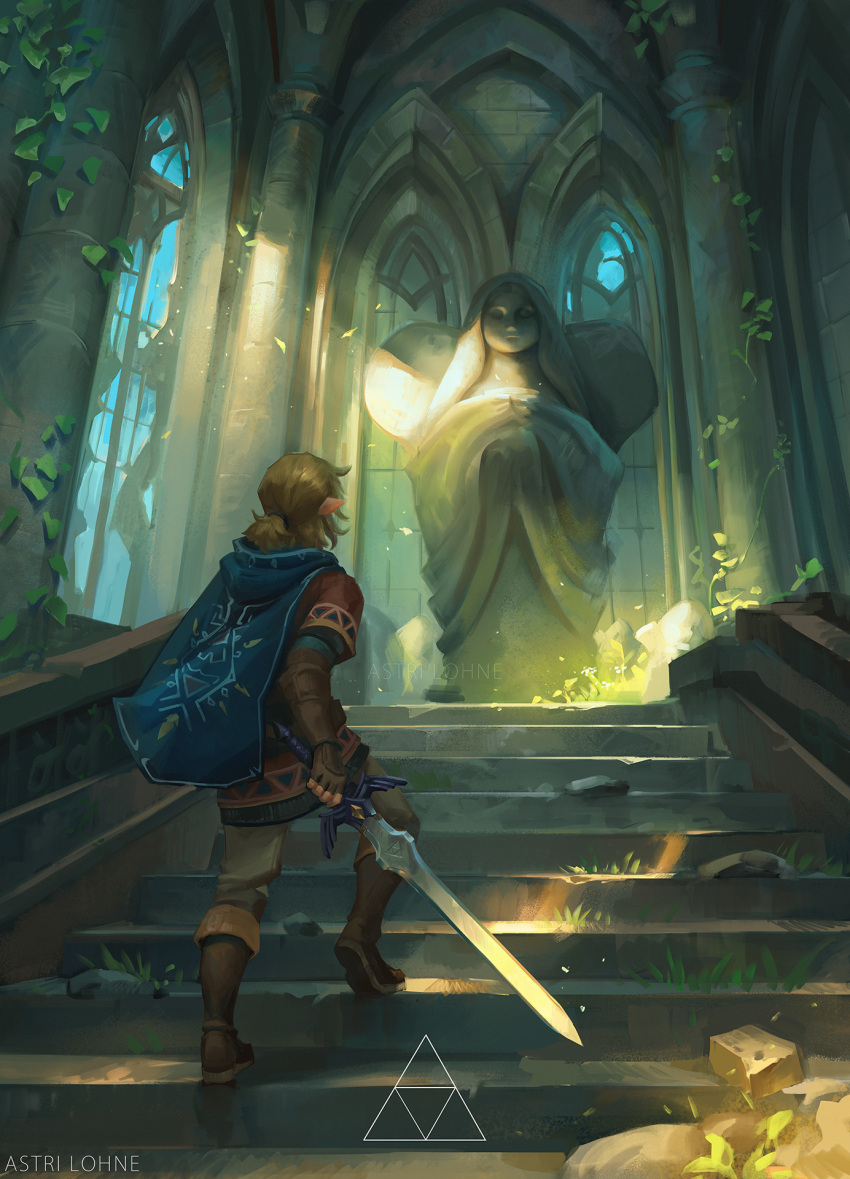1boy astri_lohne_sjursen blonde_hair blue_cape cape commentary english_commentary fingerless_gloves from_behind full_body gloves highres holding holding_sword holding_weapon hood hooded_cape hylian_set_(zelda) leaf link male_focus plant pointy_ears solo stairs statue sunlight sword the_legend_of_zelda the_legend_of_zelda:_breath_of_the_wild vines weapon window