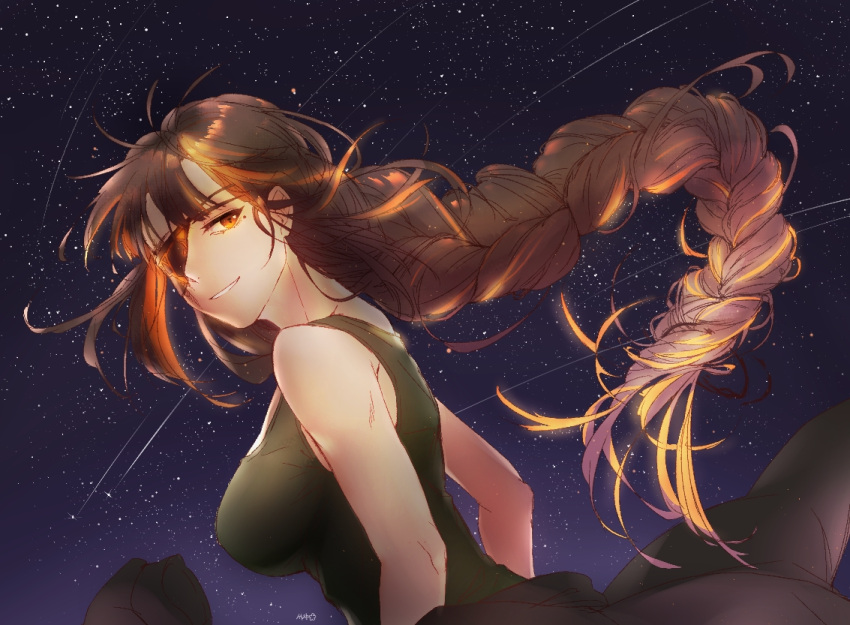 1girl bare_shoulders braid breasts brown_hair clothes_around_waist eyepatch girls'_frontline glowing glowing_hair green_tank_top ice_s_s_z large_breasts long_hair looking_at_viewer m16a1_(girls'_frontline) mole mole_under_eye multicolored_hair night night_sky orange_eyes orange_hair outdoors shooting_star single_braid sky solo star_(sky) starry_sky tank_top upper_body