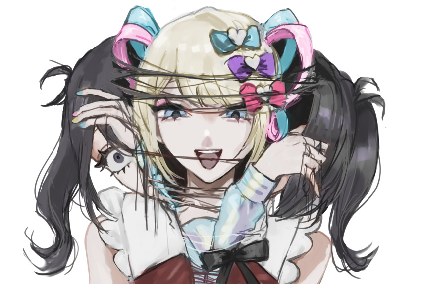 1girl ame-chan_(needy_girl_overdose) black_eyes black_hair black_ribbon blonde_hair blue_bow blue_eyes blue_hair blue_shirt body_horror bow chouzetsusaikawa_tenshi-chan collared_shirt constricted_pupils crazy_smile dual_persona hair_bow hair_ornament hands_up heart heart_hair_ornament highres long_hair long_sleeves looking_at_viewer multicolored_hair muted_color needy_girl_overdose open_mouth pink_bow pink_hair purple_bow quad_tails ribbon sailor_collar sanmanako shedding_skin shirt simple_background smile solo split_head twintails upper_body white_background