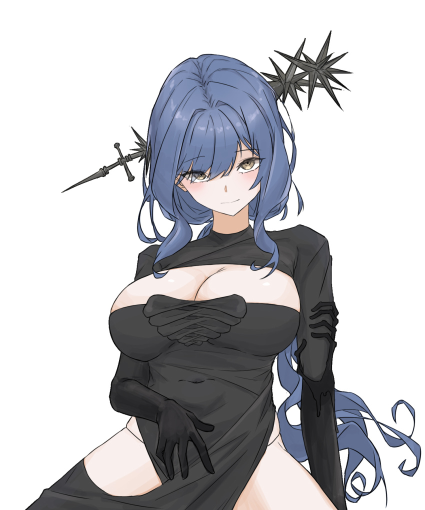 1girl arcana_(reverse:1999) black_dress black_gloves black_panties blue_hair blush breasts brown_eyes cleavage closed_mouth covered_navel dress elbow_gloves gloves hair_between_eyes hand_on_own_stomach highres justina_(sduy5347) large_breasts long_hair looking_at_viewer mixed-language_commentary panties pelvic_curtain reverse:1999 shrug_(clothing) simple_background solo thong underwear very_long_hair wand wand_in_head white_background