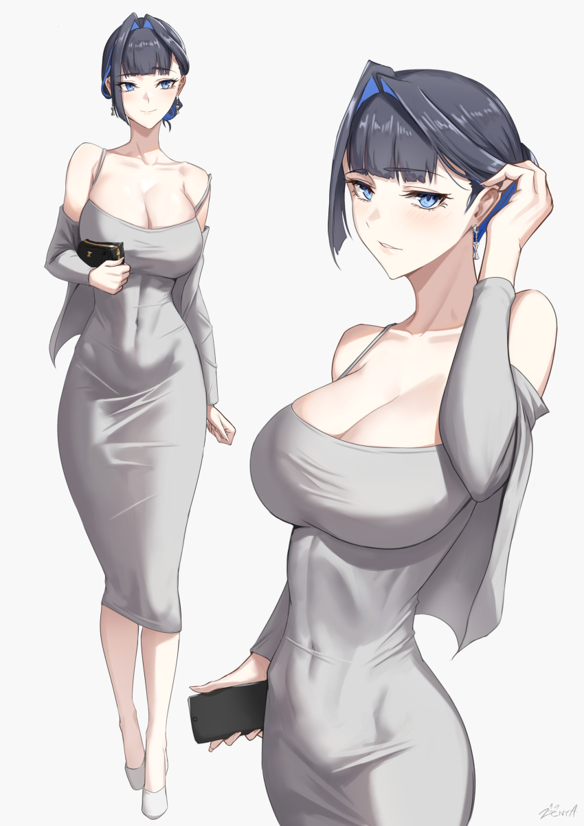 1girl absurdres adjusting_hair alternate_costume alternate_hairstyle bag black_hair blue_hair breasts cleavage colored_inner_hair covered_navel cropped_jacket dangle_earrings dongtan_dress dress earrings grey_dress grey_footwear grey_jacket hair_behind_ear hair_bun handbag highres hololive hololive_english jacket jewelry large_breasts long_sleeves looking_at_viewer looking_to_the_side medium_dress meme_attire multicolored_hair multiple_views off_shoulder open_clothes open_jacket ouro_kronii pencil_dress short_hair simple_background smile strap_slip taut_clothes taut_dress virtual_youtuber zenya