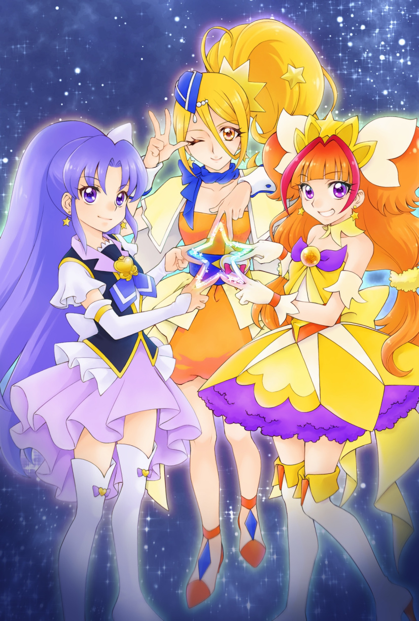 3girls ;) aizen_(syoshiyuki) amanogawa_kirara armband back_bow black_vest blonde_hair blue_headwear blue_scarf boots bow brooch capelet closed_mouth commentary cure_etoile cure_fortune cure_twinkle dress earrings elbow_gloves garrison_cap gloves go!_princess_precure grin hair_ornament hair_scrunchie happinesscharge_precure! hat heart heart_brooch highres hikawa_iona hugtto!_precure jewelry kagayaki_homare long_hair looking_at_viewer low-tied_long_hair low_twintails magical_girl multicolored_hair multiple_girls one_eye_closed orange_dress orange_footwear orange_hair parted_bangs ponytail precure purple_eyes purple_hair purple_skirt red_hair scarf scrunchie series_connection shirt shoes short_sleeves side_ponytail skirt sky smile space standing star_(sky) star_(symbol) star_earrings star_hair_ornament starry_sky strapless strapless_shirt streaked_hair thigh_boots tiara trait_connection twintails two-tone_hair two_side_up v very_long_hair vest w white_bow white_footwear white_gloves wrist_cuffs yellow_bow yellow_capelet yellow_dress yellow_eyes