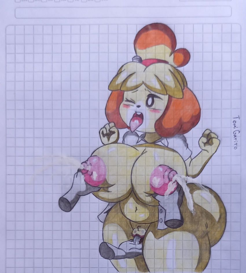 animal_crossing big_breasts big_butt bodily_fluids breasts butt canid canine canis clothing domestic_dog excited female fur genital_fluids genitals group hi_res humanoid isabelle_(animal_crossing) mammal masturbation mitsumichi nintendo nipples nude open_mouth solo yellow_body yellow_fur