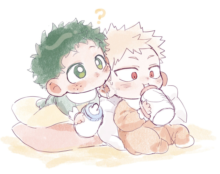 2boys ? aged_down baby baby_bottle bakugou_katsuki biting boku_no_hero_academia bottle ear_biting freckles green_eyes green_hair highres holding holding_bottle jessiejjjj midoriya_izuku milk multiple_boys nibbling red_eyes saliva short_hair spiked_hair