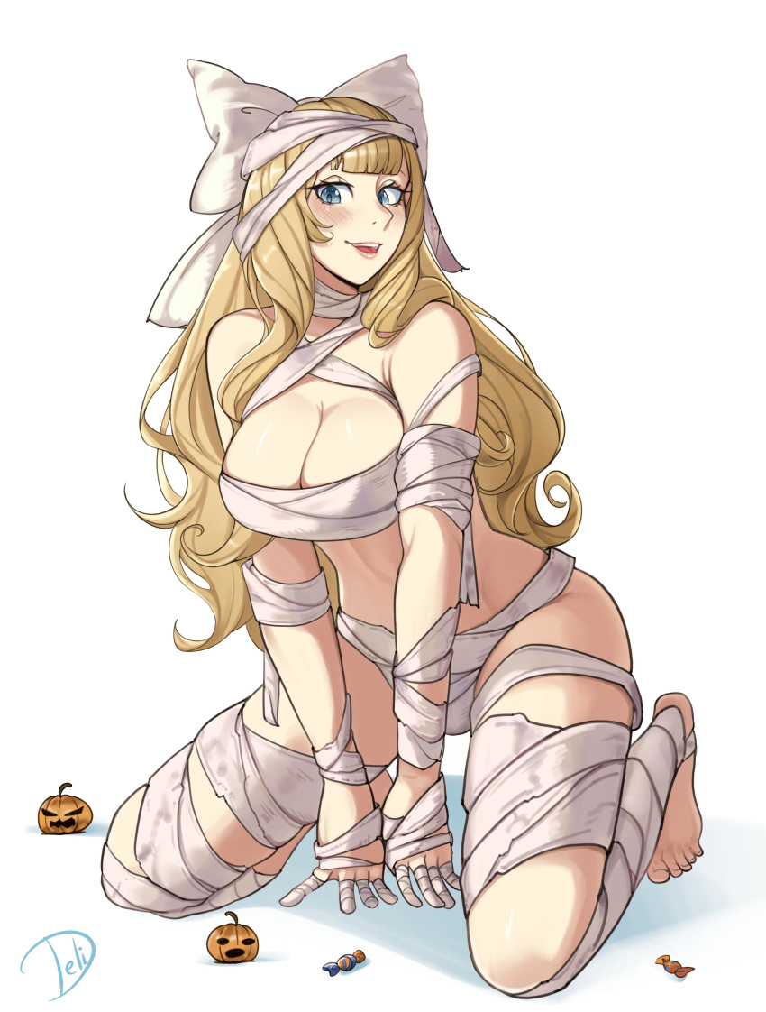 1girl absurdres bandages blonde_hair blue_eyes blunt_bangs bow breasts candy charlotte_(fire_emblem) delicious_brain fire_emblem fire_emblem_fates food hair_bow halloween halloween_costume highres jack-o'-lantern large_breasts looking_at_viewer mummy_costume open_mouth short_bangs solo white_bow