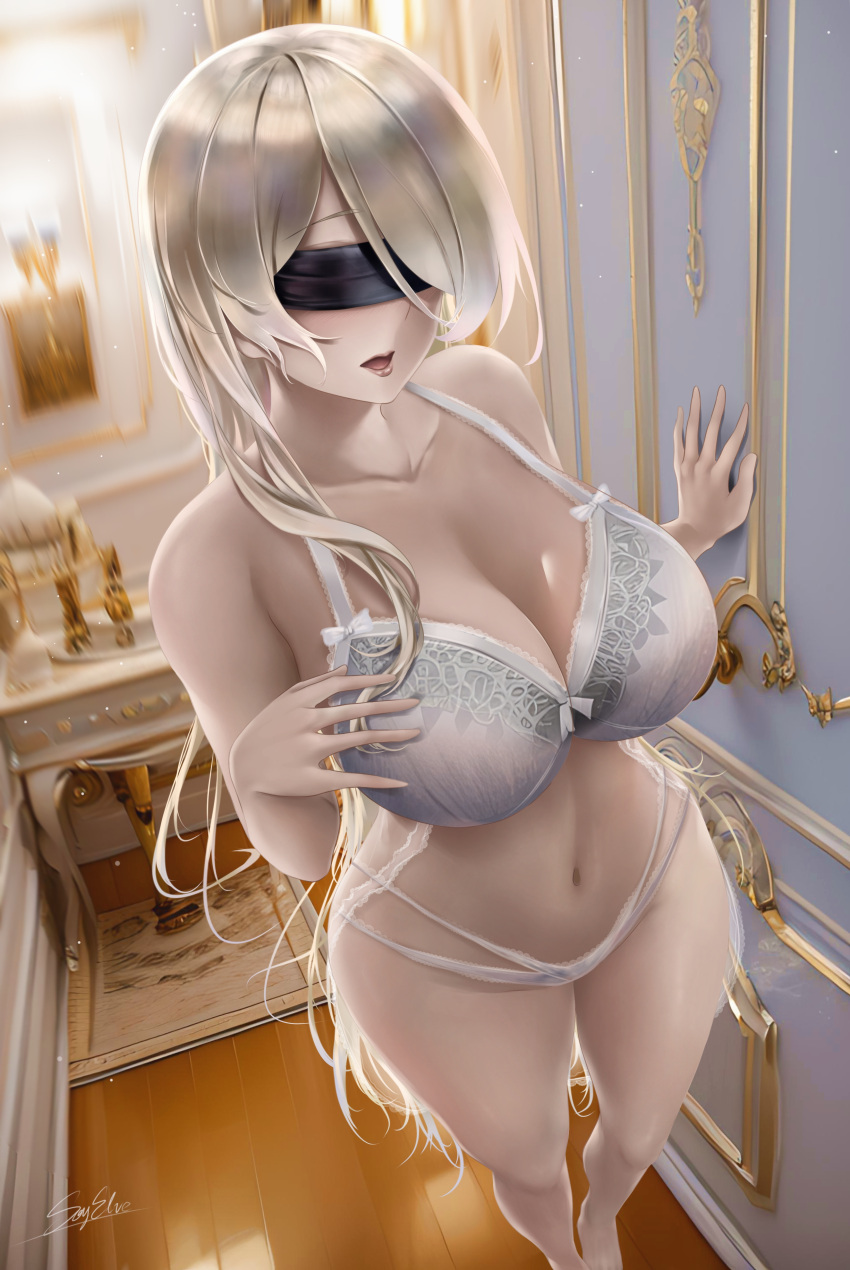 1girl absurdres bangs barefoot black_blindfold blindfold blonde_hair blurry blurry_background bra breasts cleavage collarbone depth_of_field english_commentary goblin_slayer! hallway hand_on_own_chest hand_on_wall highres indoors large_breasts lips long_bangs long_hair navel open_mouth panties signature solo soy'elve standing sword_maiden underwear underwear_only white_bra white_panties