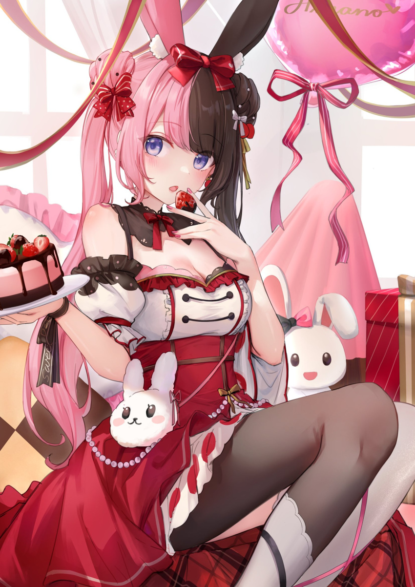 1girl animal_ear_fluff animal_ears asymmetrical_legwear blunt_bangs blush bow bowtie breasts brown_hair cake chocolate_cake cleavage commentary_request eating fake_animal_ears food fruit hair_bow hair_bun highres holding holding_food holding_fruit holding_tray indoors long_hair looking_at_viewer mismatched_legwear multicolored_hair nail_polish parted_lips pink_bow pink_hair pink_nails puffy_short_sleeves puffy_sleeves purple_eyes red_bow red_bowtie red_ribbon ribbon short_sleeves single_leg_pantyhose single_thighhigh solo split-color_hair strawberry_cake tachibana_hinano_(vtuber) thighhighs touri_tarou_(misconception) tray two-tone_hair virtual_youtuber vspo! white_thighhighs