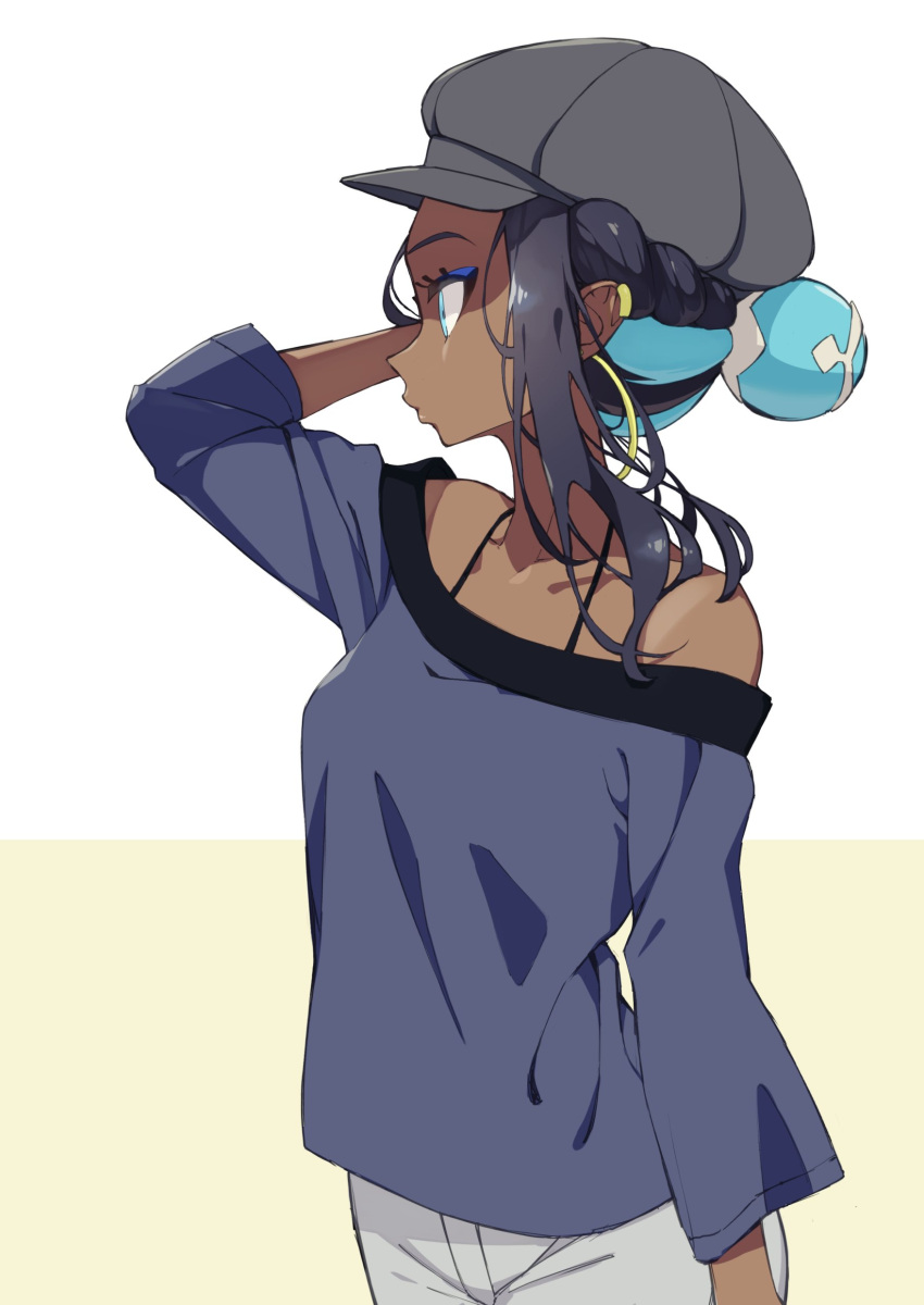 absurdres black_hair blue_eyes blue_eyeshadow blue_hair dark-skinned_female dark_skin earrings eyeshadow grey_headwear hair_bun hair_up hat highres hoop_earrings jewelry long_sleeves makeup multicolored_hair nessa_(pokemon) off-shoulder_shirt off_shoulder official_alternate_costume official_alternate_hairstyle pokemon pokemon:_twilight_wings pokemon_(game) pokemon_swsh rindoriko shirt single_hair_bun two-tone_hair