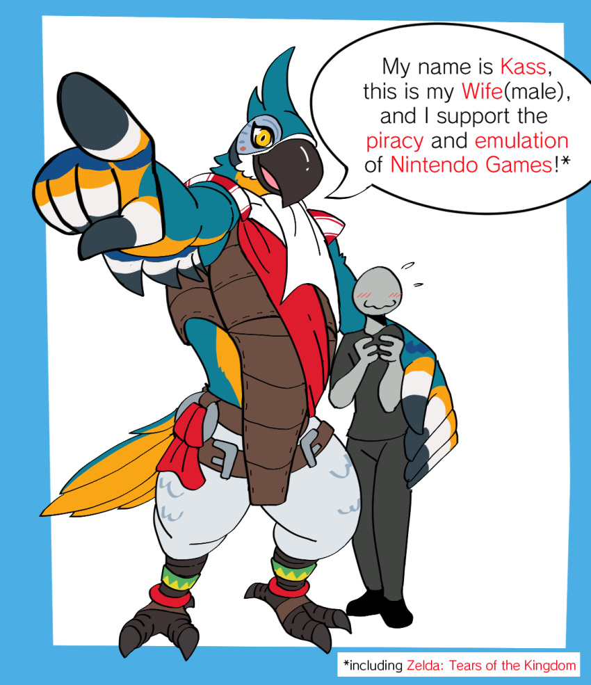 60percentscalie anthro arm_around_partner arm_around_waist armor avian avian_feet bird breath_of_the_wild duo faceless_character faceless_male feathers hi_res human humanoid intersex intersex/male kass_(tloz) legend male male/male mammal meme nintendo shitpost simple_background size_difference tail_feathers talons the_legend_of_zelda winged_arms wings