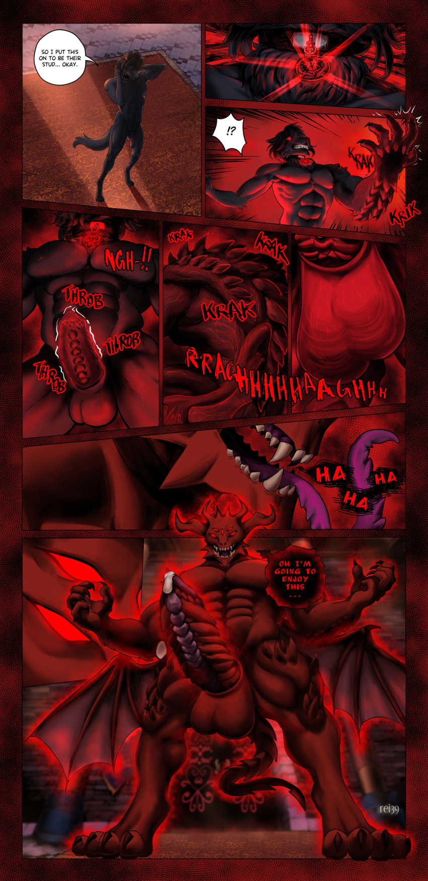 absurd_res anthro balls balls_expansion big_balls big_penis bodily_fluids canid canine canis claws comic demon erection expansion fangs genital_expansion genital_fluids genitals growth hi_res horn huge_balls huge_penis male mammal multi_eye muscular penis precum rei39 solo spiked_tail spikes spikes_(anatomy) tagme tail teeth transformation wings wolf