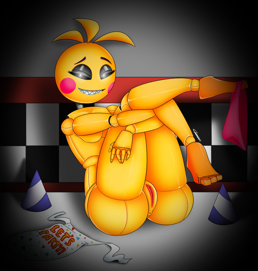 absurd_res animatronic anthro avian bib bird breasts chicken chimmimon clothing female female_focus five_nights_at_freddy's five_nights_at_freddy's_2 galliform gallus_(genus) genitals hat headgear headwear hi_res humanoid humanoid_genitalia machine party_hat phasianid pussy robot scottgames solo solo_focus toy_chica_(fnaf) under_boob yellow_body