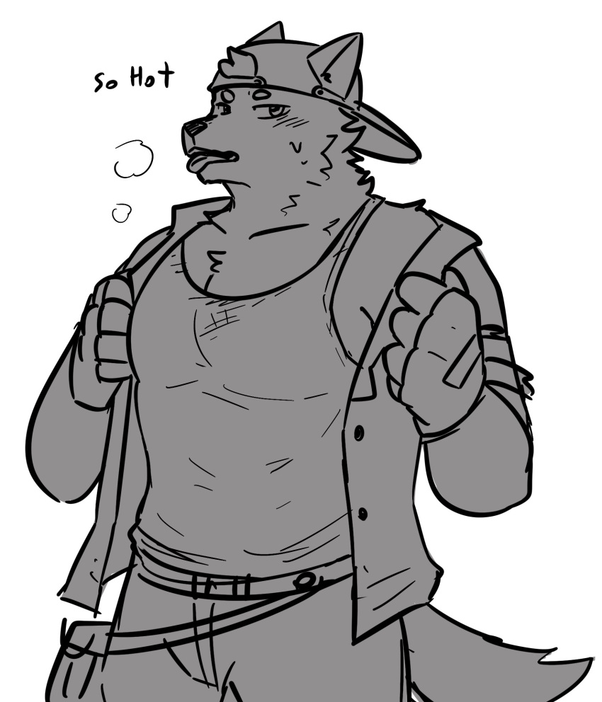 anthro blush bottomwear canid canine canis clothed clothing hair hat headgear headwear hi_res male mammal muscular muscular_anthro muscular_male northwoooof open_clothing open_shirt open_topwear pants pecs shirt simple_background solo standing tank_top topwear undressing wolf