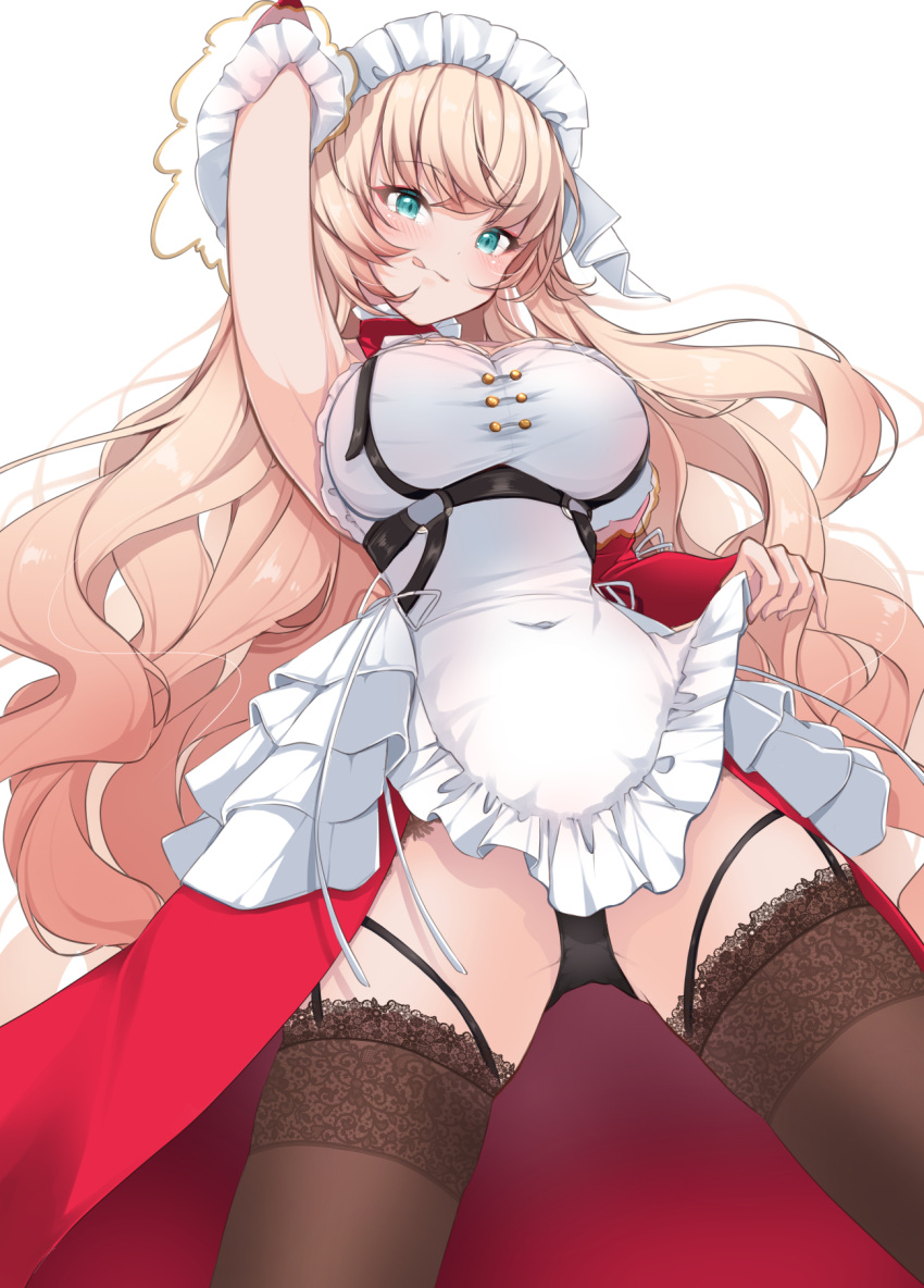 1girl apron azur_lane bare_shoulders black_garter_straps black_panties blonde_hair blue_eyes bound bound_wrists breasts brown_thighhighs cleavage detached_sleeves dress frilled_apron frills garter_straps gloves highres howe_(azur_lane) howe_(pastry_princess)_(azur_lane) lace-trimmed_legwear lace_trim large_breasts long_hair looking_at_viewer maid maid_headdress mikuchi3939 o-ring_garter_belt official_alternate_costume panties red_sleeves ribbon solo thighhighs underwear very_long_hair white_apron