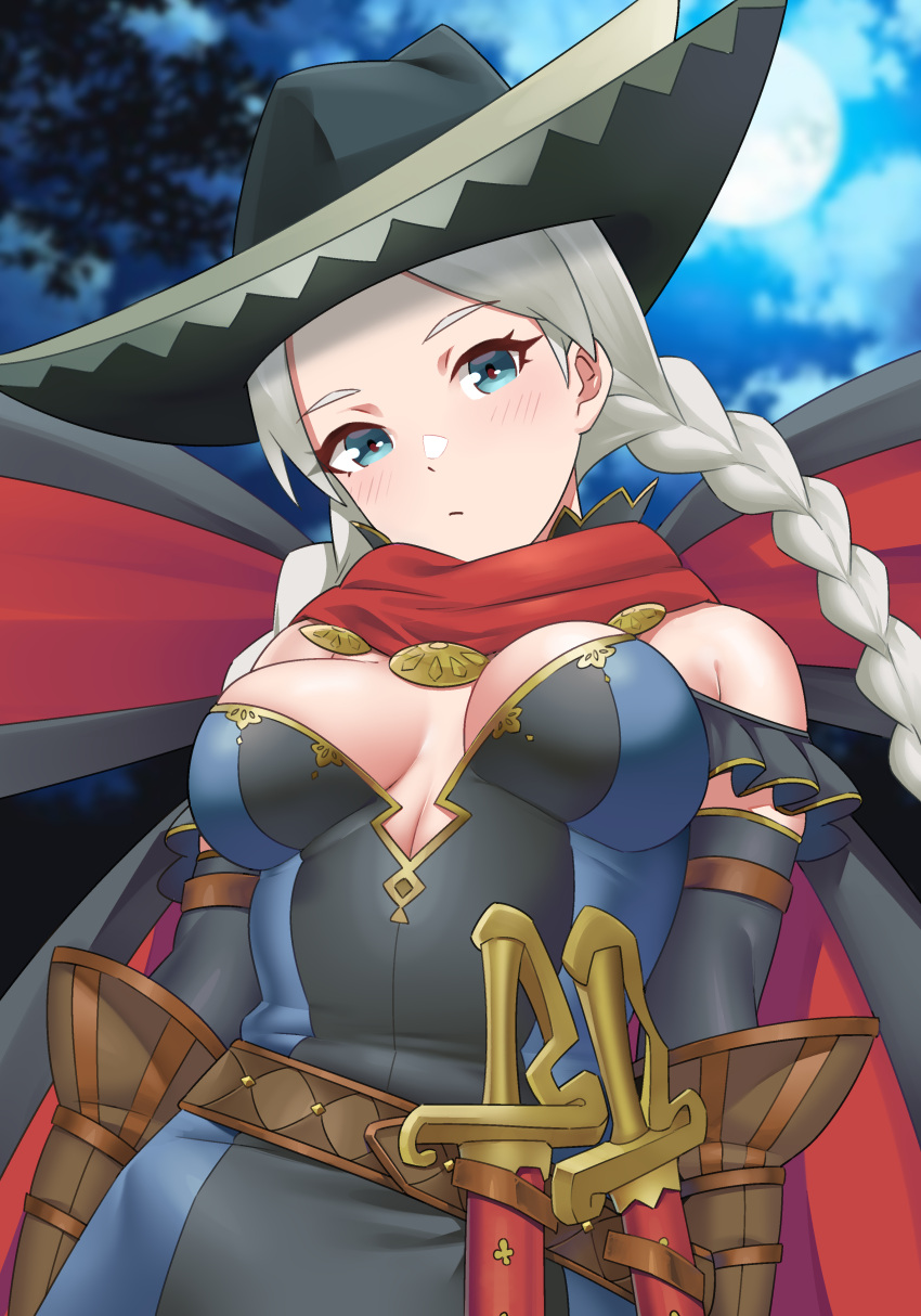 1girl absurdres ahoge alternate_costume bare_shoulders blue_eyes braid breasts cleavage closed_mouth cloud cloudy_sky commission commissioner_upload facing_viewer fire_emblem fire_emblem_fates full_moon grey_hair hat highres igni_tion knife long_hair looking_at_viewer low_twin_braids medium_breasts moon night night_sky nina_(fire_emblem) official_alternate_costume outdoors parted_bangs sky solo tricorne twin_braids upper_body