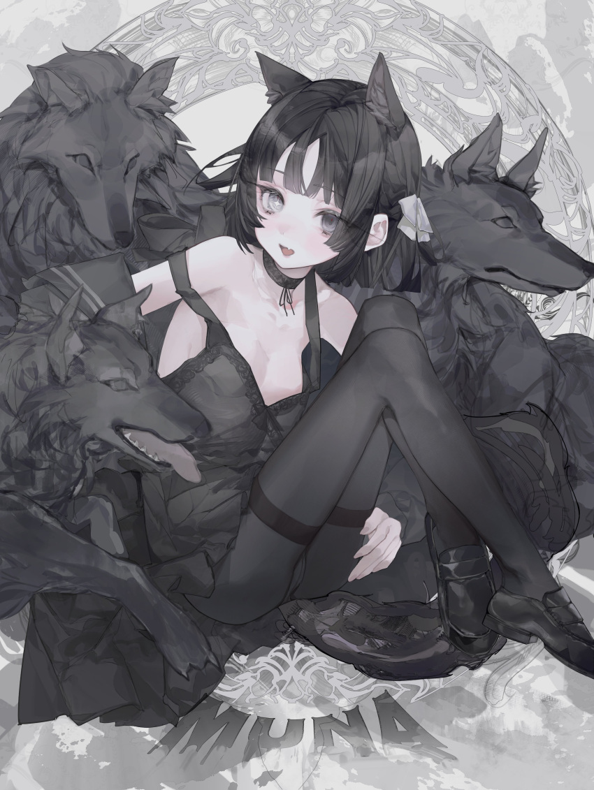 1girl absurdres black_hair fang full_body hair_ornament heterochromia highres lingerie looking_at_viewer nightgown pantyhose sailor_collar short_hair skin_fang smile solo suimin_(sui_0y0) underwear wolf wolf_girl