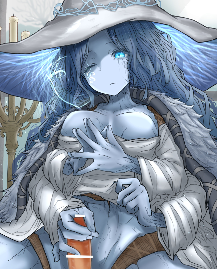 1girl absurdres bar_censor blue_eyes blue_skin breasts candle censored cloak colored_skin convenient_censoring cracked_skin elden_ring extra_arms extra_faces frown fur_cloak girl_on_top handjob hat highres large_hat leogust medium_breasts mosaic_censoring no_nipples no_panties one_eye_closed penis ranni_the_witch underboob witch_hat