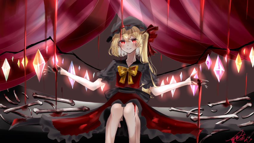 1girl 72mikan_1687 absurdres alternate_color back_bow black_bow black_headwear black_shirt blonde_hair blood blood_drip blood_on_clothes blood_on_hands blood_on_leg blood_splatter blush bone bow bright_pupils brown_background closed_mouth commentary crystal dark dark_persona feet_out_of_frame flandre_day flandre_scarlet frilled_shirt_collar frilled_skirt frilled_sleeves frills glowing glowing_crystal glowing_eyes glowing_wings hair_between_eyes hat hat_ribbon highres indoors long_hair looking_at_viewer mob_cap multicolored_wings puffy_short_sleeves puffy_sleeves red_eyes red_ribbon red_skirt red_vest ribbon shirt short_sleeves side_ponytail signature simple_background sitting skirt slit_pupils smile solo touhou vest w_arms white_pupils wings yellow_bow