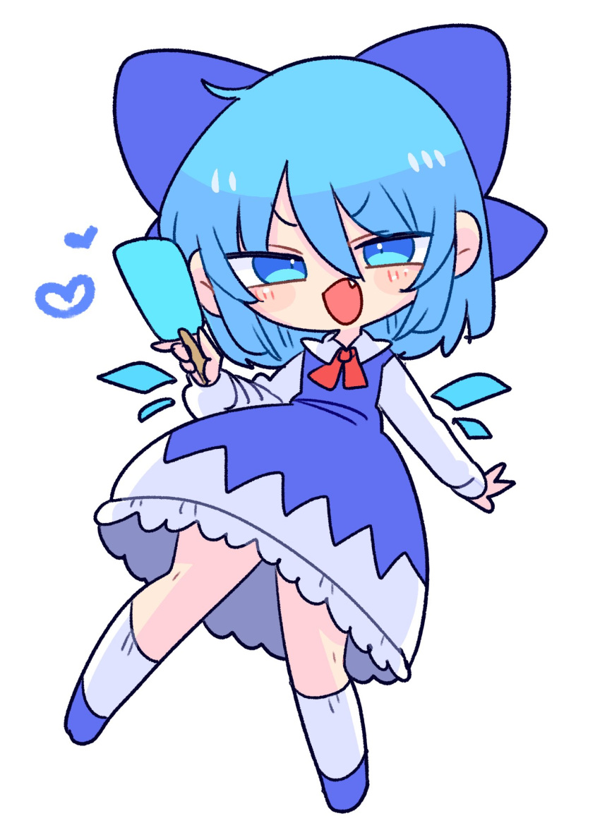 1girl blue_bow blue_dress blue_eyes blue_footwear blue_hair blush bow cirno collared_shirt detached_wings dress fairy fang food full_body hair_between_eyes hair_bow heart highres holding holding_food ice ice_wings long_sleeves op_na_yarou open_mouth popsicle shirt shoes short_hair simple_background socks solo touhou white_background white_shirt white_socks wings