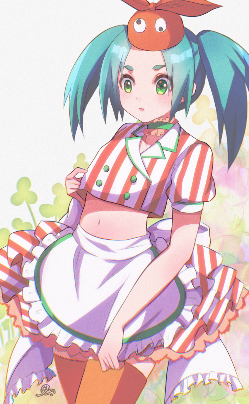 1girl absurdres alternate_costume anotherplus apron aqua_hair arm_at_side artist_name blush bow bow_skirt breasts buttons choker clover clover_background commentary cowboy_shot crop_top curled_fingers double-breasted expressionless film_grain frilled_apron frilled_bow frilled_skirt frills googly_eyes green_background green_choker green_eyes hand_on_own_chest hat highres hikimayu huge_bow long_hair looking_ahead midriff miniskirt monogatari_(series) navel ononoki_yotsugi orange_headwear orange_skirt orange_thighhighs parted_bangs parted_lips petticoat puffy_short_sleeves puffy_sleeves shirt short_eyebrows short_sleeves signature single_vertical_stripe skirt small_breasts solo standing striped striped_shirt thick_eyebrows thighhighs twintails two-tone_skirt vertical_stripes waist_apron white_apron white_background white_bow white_skirt zettai_ryouiki