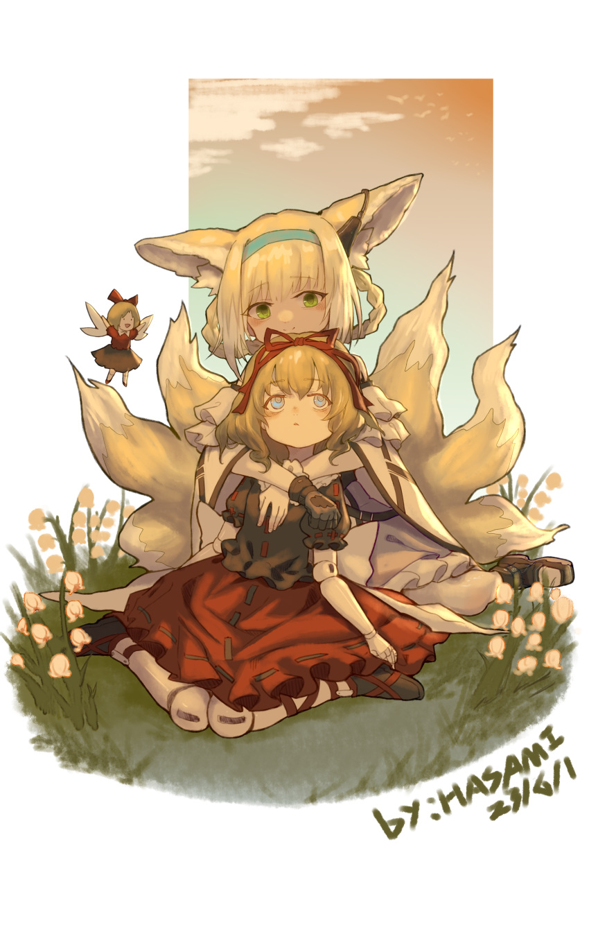 3girls absurdres animal_ears arknights black_shirt blonde_hair blue_eyes blush closed_mouth collared_shirt crossover dated doll_joints fake_animal_ears flower fox_ears fox_tail green_eyes hair_ribbon highres hua_ha_jiazi joints lily_of_the_valley medicine_melancholy multiple_girls multiple_tails red_ribbon red_skirt ribbon shirt short_hair short_sleeves signature skirt su-san suzuran_(arknights) tail touhou white_flower