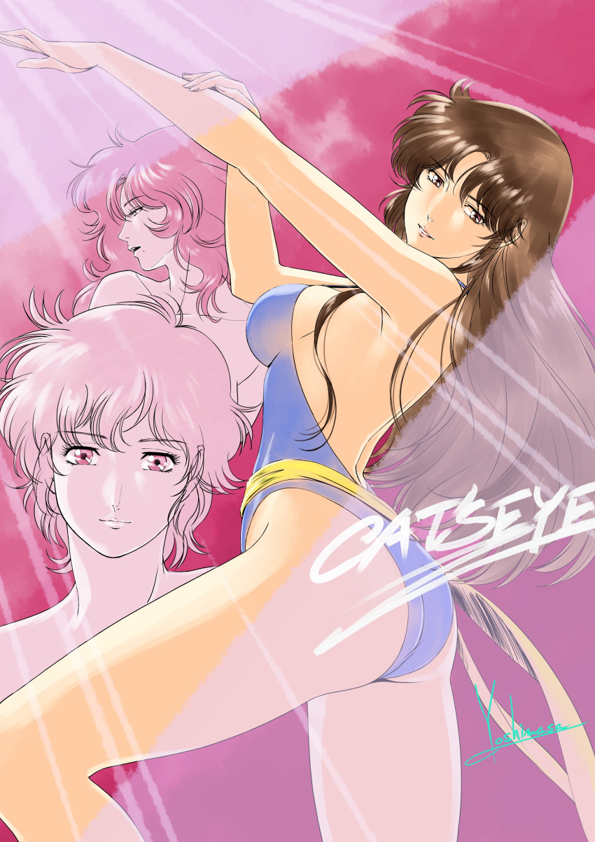 3girls absurdres artist_name ass bare_arms bare_shoulders blue_leotard breasts brown_eyes brown_hair cat's_eye closed_mouth collarbone commentary_request copyright_name gradient_background highleg highleg_leotard highres kisugi_ai kisugi_hitomi kisugi_rui leotard lips long_hair looking_at_viewer medium_breasts mole mole_under_mouth multiple_girls parted_lips purple_background short_hair sideboob signature simple_background thighs upper_body yoshinaga_masahiro